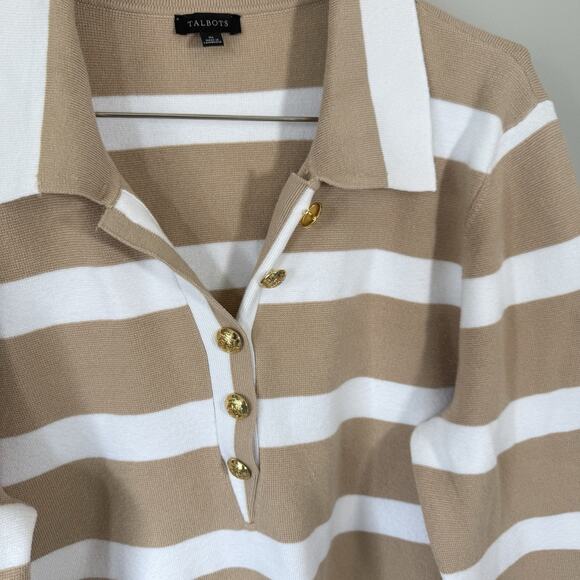 Talbots Sweater Collared Gold Buttons Pullover XL Tan White Striped Neutral New - Picture 4 of 6